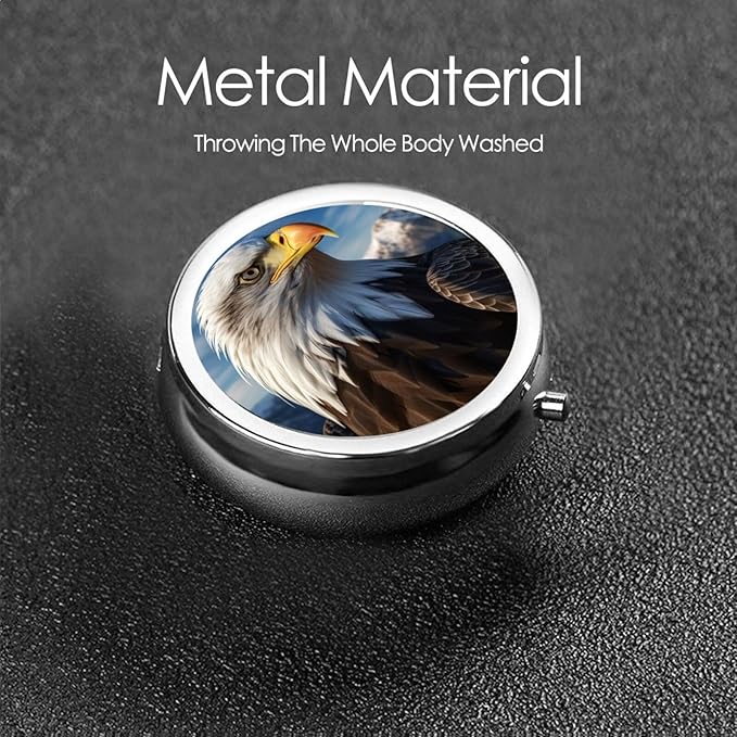 Pill Box 3 Compartment Medicine Pill Organizer American Bald Eagle Round Pill Case for Purse & Pocket Travel Pillbox Portable Metal Medicine Vitamin Fish Oil Organizer Unique Gift