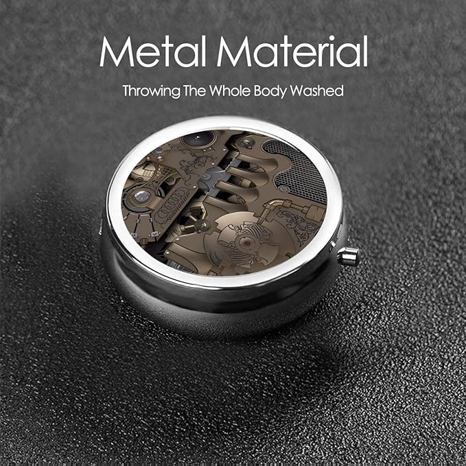 Steampunk Mechanical Gears Printed Round Travel Pill Box Cute Small Metal Pocket Pill Case for Men & Women 3 Compartment Portable Pill Organizer for Purse or Pocket