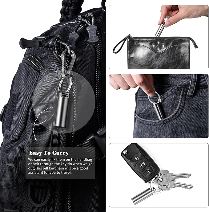 TISUR Portable Pill Cases, Metal Titanium Pill Holder Pocket Pill Box Keychain Waterproof Pill Bottle Medicine Organizer Case Container for Travel Purse Outdoor Camping