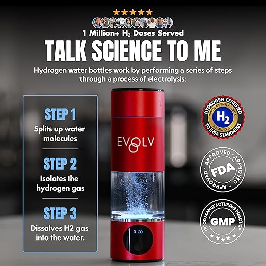EVOLV Hydrogen Water Bottle Generator – SPE & PEM Water Ionizer 5.4PPM, Highest H2 Concentration – Portable 8oz Hydrogenated Water Bottle – Leak-Proof Hydrogen Water Machine, Easy to Use – Crimson