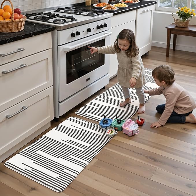 KIMODE Kitchen Mats Cushioned Anti Fatigue, Black Line Geometric Kitchen Rugs Sets of 2, Padded Kitchen Floor Mats Non Slip, Standing Desk Mats for Laundry Office Sink 20"x47"+20"x32"
