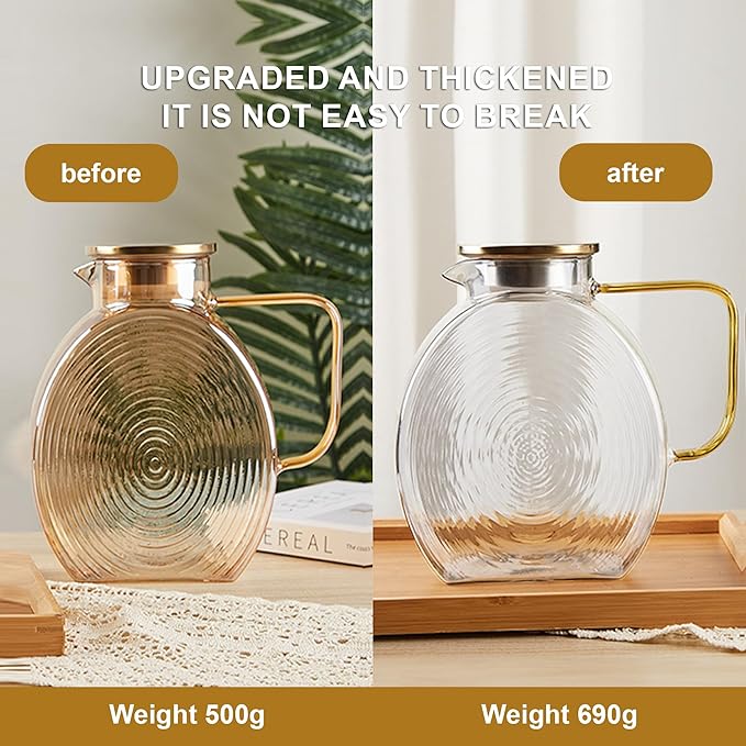 Upgraded Thickened Version 77oz Large Glass Water Pitcher with Gold Lid for Fridge Wide Handle Coffee Carafe for Party Water Jug Lemonade Iced Tea Jug Juice Sun Tea Jar for Drinks(Clear)