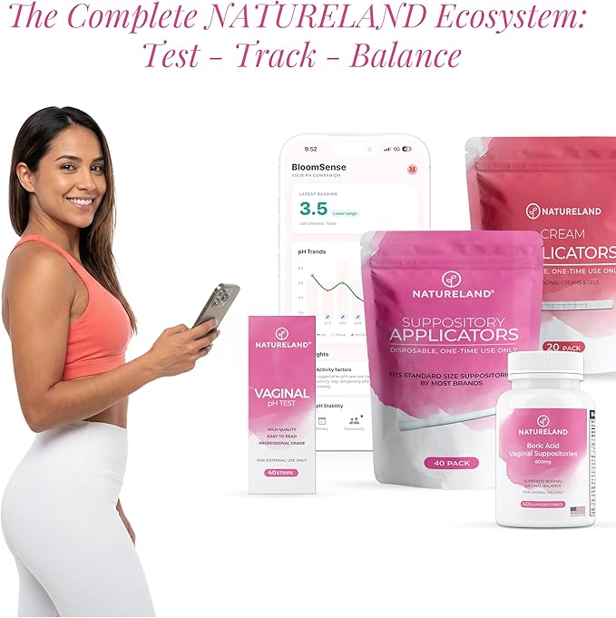 NATURELAND Vaginal pH Test Strips for Women – At-Home Test Kit, with BloomSense App, Accurate 3.5-6.5 Range, Foil-Sealed (10 Strips)