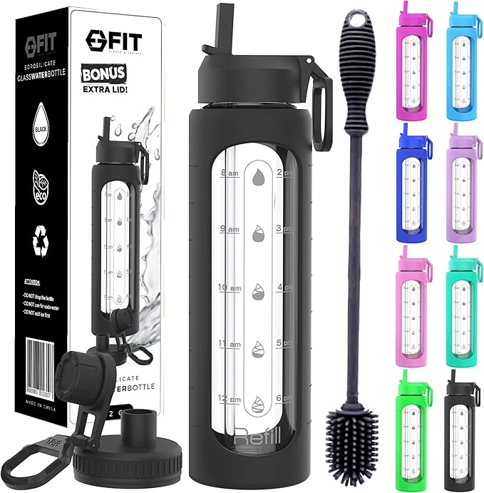FIT Strong & Healthy 32 oz Glass Water Bottle with Straw Lid - Wide Mouth Borosilicate Glass Water Bottles with Time Marker, Silicone Sleeve & Extra Lid - 1L Large Motivational Drinking Bottle