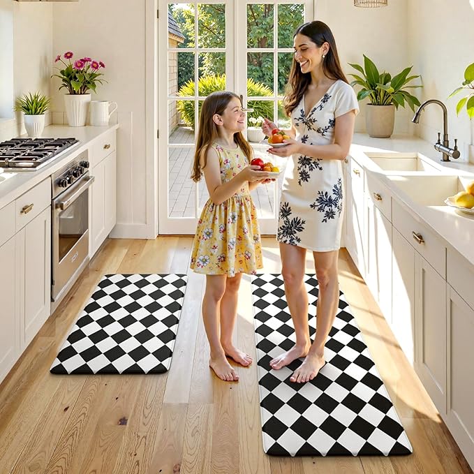 KIMODE Farmhouse Kitchen Rugs, Anti-Fatigue Kitchen Mats, Non-Slip, Cushioned Standing Mat, 17"x47"+17"x29", Black Diamond Check