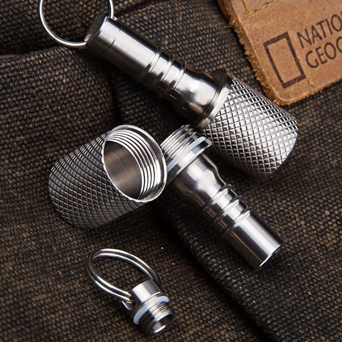 Keychain Pill Holder, Titanium Case Small Organizer Waterproof Box, EDC Container Metal Tube for Outdoor Camping Travel, Men Women (Tiny Silver)