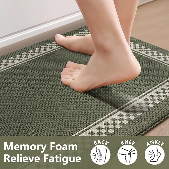 Anti Fatigue Kitchen Mats for Floor 2PCS, Non Slip Kitchen Rugs and Mats, Memory Foam Kitchen Mat, Heavy Duty Ergonomic Comfort Rugs for Kitchen Floor, Office, Sink, Green