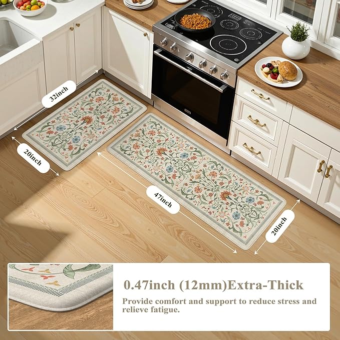 Collive Kitchen Mats Cushioned Anti Fatigue, Waterproof Kitchen Floor Mat Non Slip Desk Rugs Comfort Standing Rug for Sink, Office, Laundry, Home Decor, 20" x 47" + 20" x 32", Beige