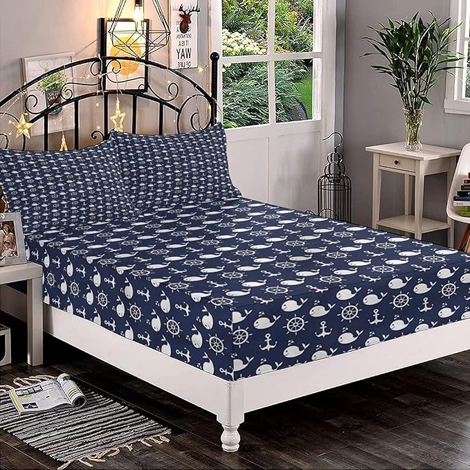 Decorative Fitted Sheet Set King Size, Navy Blue Deep Pockets Fitted Sheet & 2 Pillow Sham Set(No Flat Sheet), Maritime Anchor Whale Printed Microfiber Bedding 3pc Set, for Kids & Adults Bedding