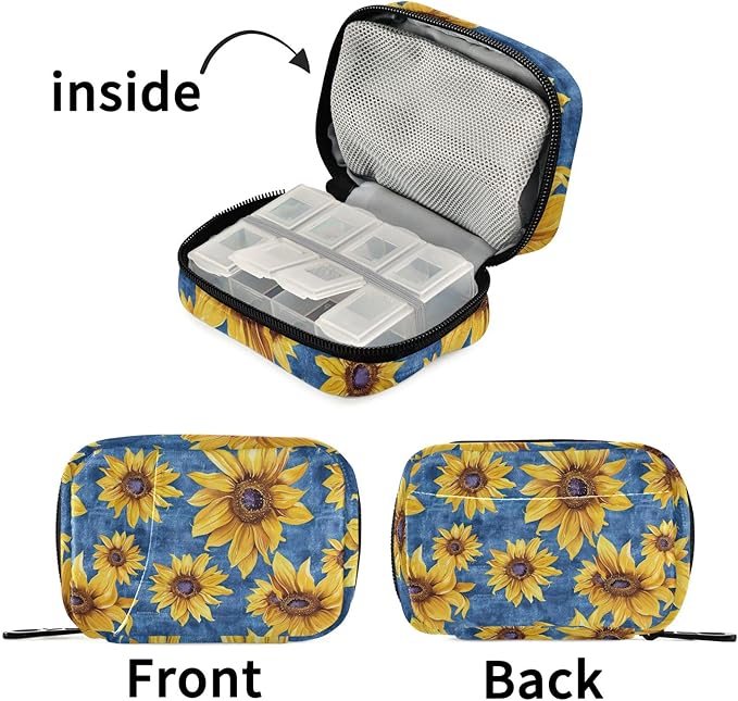 Travel Pill Case Yellow Sunflowers on Blue 7 Day Small Portable Pill Case Weekly Vitamin Storage Organizer with Zipper