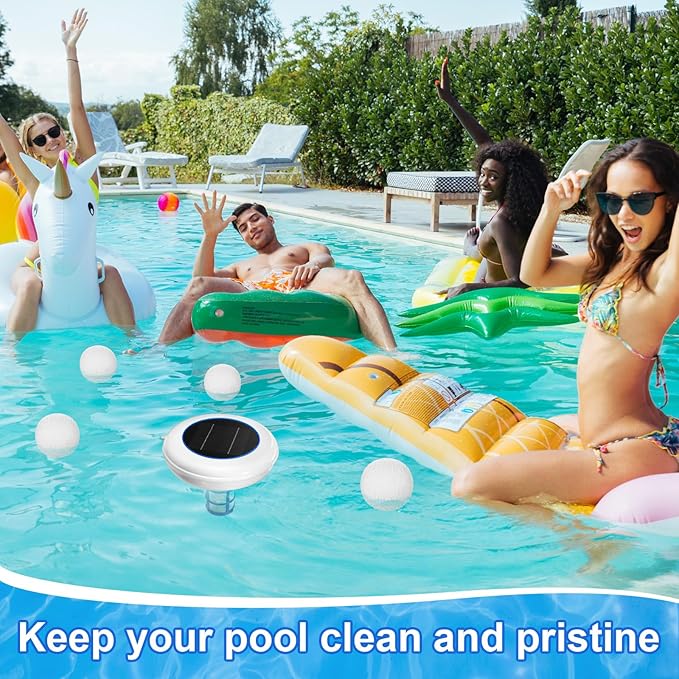 Qualirey 1 Set Solar Pool Ionizer Floating Water Cleaner and Purifier, Kill Algae in Pool, 85% Less Cl, with 4 Pcs Eliminating Ball for Fresh and Salt Water Pools Spas, Reusable (White)