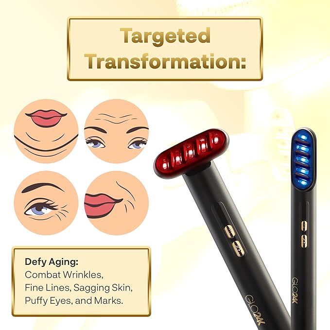 GLO24K 6-in-1 Beauty Therapy Wand for the Face, Eyes, and Neck. Based on Dual LED Light Therapy, Thermal, Vibration, and Micro-Current Technologies.Skin Rejuvenation