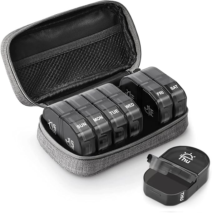 AUVON Canvas Bag Travel Pill Organizer 2 Times a Day, Large AM/PM Weekly Pill Box 7 Day Pill Case with Portable Gray Zipper Cloth Bag for Holding Supplements, Vitamins and Fish Oils