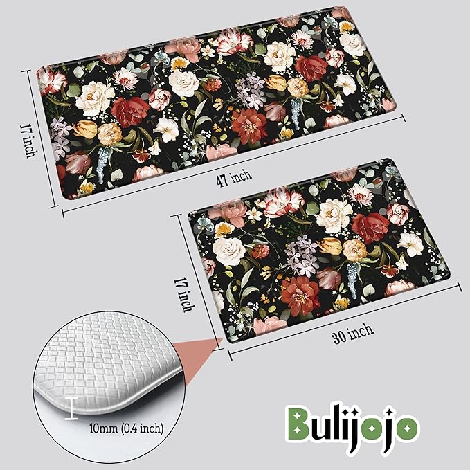 Bulijojo Black Flowers Anti Fatigue Kitchen Floor Mats Set of 2 Waterproof Kitchen Sink Runner Rug Standing Mat Cushioned Kitchen Rugs Comfort Doormat 17"x47"+17" x30“