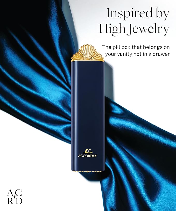 7 Day Metal Pill Organizer, Luxury Pill Compact, Travel Pill Case for Purse, Elegant Fancy Gold Pill Case for Vitamins, Medicine, Supplements, Luxury Wellness Gift - Navy