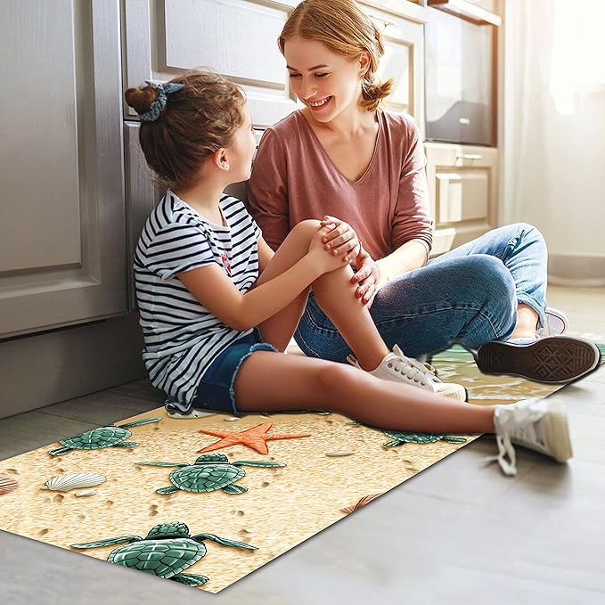 Beach Kitchen Rugs 2 Piece Set for Dog Sea Turtle Floor Mat, Nautical Rug Non Skid Washable Absorbent Nautical Kitchen Mat for in Front of Sink for Standing for Coastal Kitchen Decor 17"X30"+17"X47"