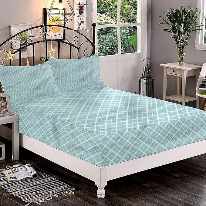 Decorative Fitted Sheet Set Queen Size, Aqua Deep Pockets Fitted Sheet & 2 Pillow Sham Set(No Flat Sheet), Swirled Waves Ocean Theme Printed Microfiber Bedding 3pc Set, for Kids & Adults Bedding