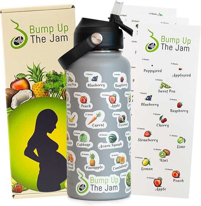Pregnancy Water Bottle Tracker - 32 Ounce Stainless Steel - Includes Weekly Pregnancy Tracker Stickers (Slate Shadow Color)