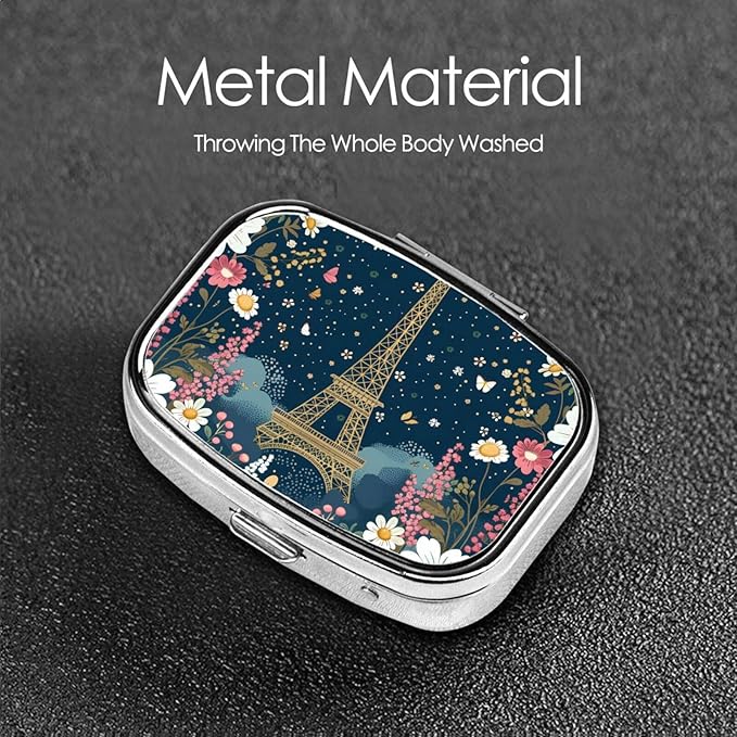 Paris Tower Flower Pill Box with Mirror 2 Compartment Metal Square Small Pill Case for Purse Pocket Portable Pill Container Holder Travel Medicine Organizer for Vitamin Fish Oil Supplement