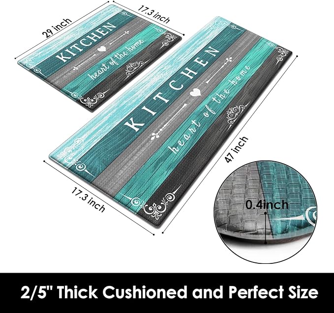 Arttown Teal Farmhouse Anti-Fatigue Kitchen Rug Set of 2 Grey Black Green Wood Vintage Cushioned Floor Standing Mat Waterproof Non-Slip Kitchen Mat and PVC Ergonomic Comfort Foam Rug