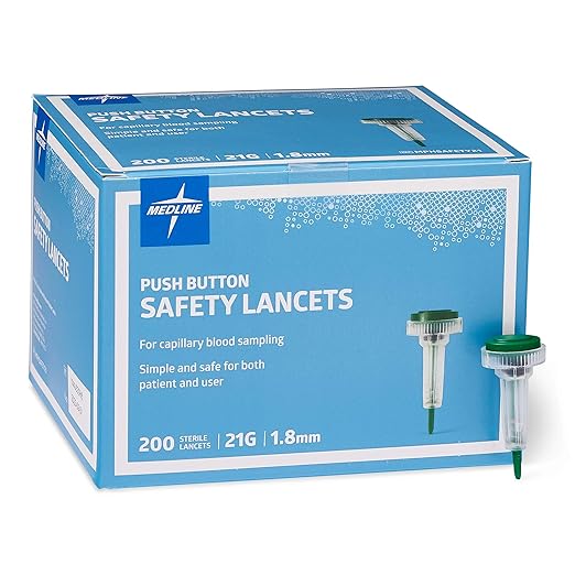 Medline Sterile Safety Lancets with Push-Button Activation, 21G x 1.8 mm, Box of 200: Dependable Blood Sampling Device for Blood Glucose Testing