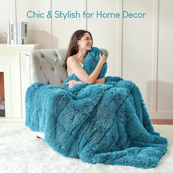Cottonblue Adults Weighted Blanket 17lbs 60x80 inches for Queen Bed, Faux Fur Sherpa Weighted Blanket for Sofa Couch Bed, Plush Cozy Bed Blanket with Glass Beads for Calm and Relax,Teal Green