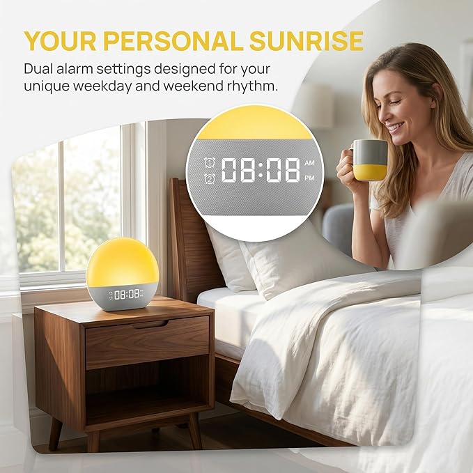 Sunrise Alarm Clock, White Noise Sound Machine, Upgraded Backlit Buttons for Bedrooms, 26 Soothing Sounds, 17 Night Lights, Bluetooth Speaker, Wake Up Sunlight for Heavy Sleepers,