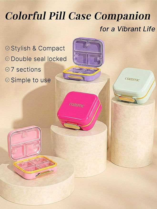 Small Pill Case Travel Pill Box with 7 Compartments for Purse - Compact Pill Organizer for Medicine Vitamin - Portable Container for Fish Oil & Supplements - Sage