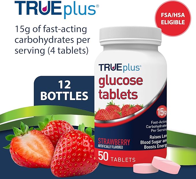 TRUEplus Glucose Tablets, Chewable, Strawberry Flavor, 15g Fast-Acting Carbohydrates, Fat Free, Gluten Free, Raise Low Blood Sugar and Boost Energy, 50 Count, 12 Bottles