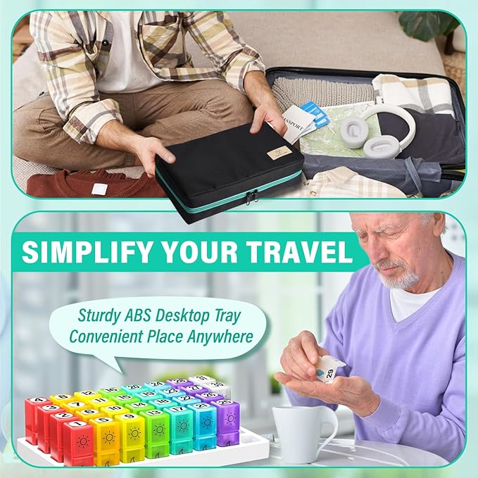Monthly Pill Organizer 2 Times a Day, 31 Day Pill Box AM PM with Pill Cutter & Travel Bag, Portable Soft One Month Pill Box Cases with Weekly Stickers, Convenient Medication & Vitamins Tracking