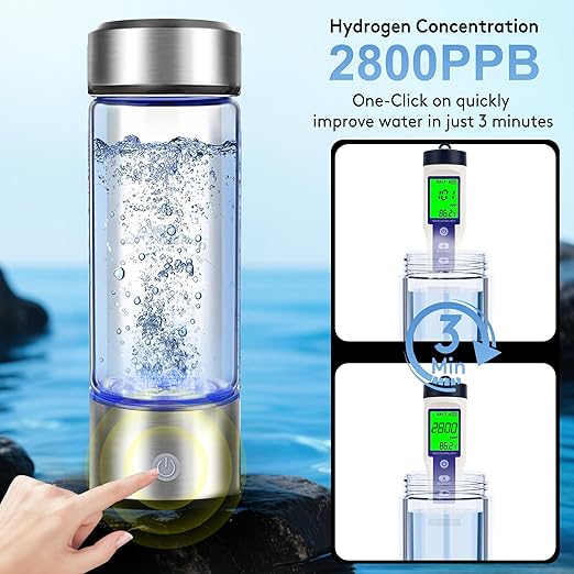Hydrogen Water Bottle, 2800PPB in 3Min, SPE PEM Tech, Portable 16OZ, Rechargeable Hydrogen Water Bottle for Travel, Home, Office – Gift for Family & Friends (XR-20)