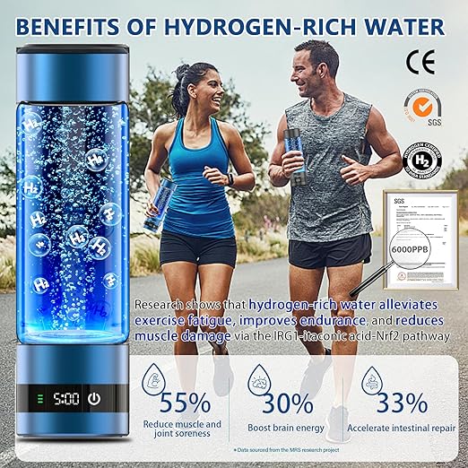Hydrogen Water Bottle Generator – Portable Hydrogen Water Machine, Up to 6000 PPB | SPE/PEM Certified H₂ Tech | Hydrogen-Rich Water for Energy & Hydration | Healthy Gift for Family & Friends (Gold)