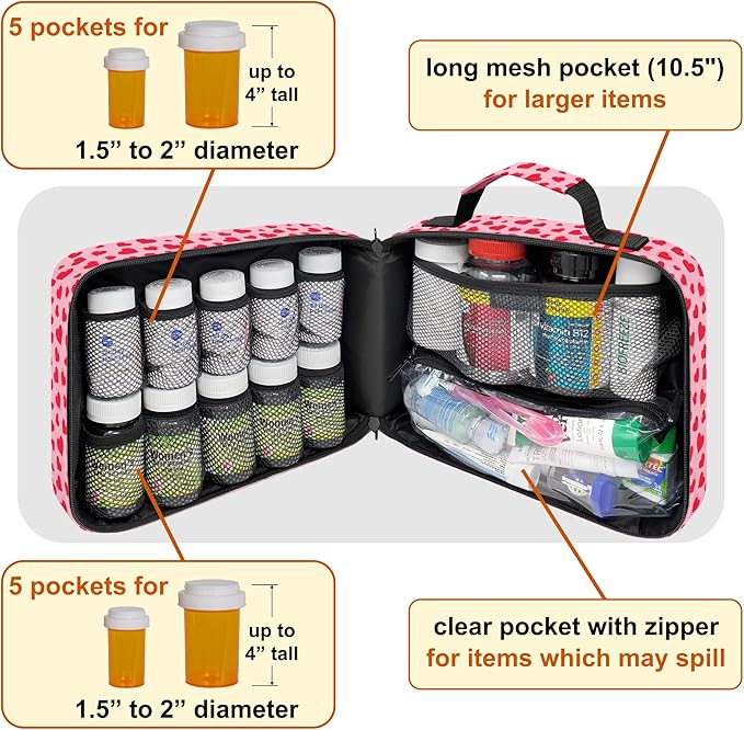 Large Pill Bottle Organizer - 10 Pockets Medicine Bag for Travel & Home Storage - Hearts