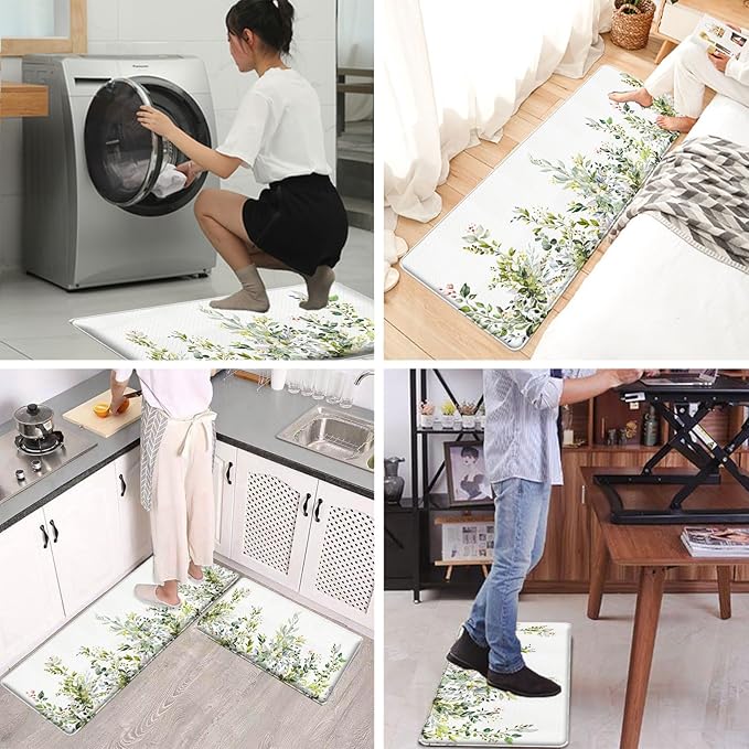 Bulijojo Green Eucalyptus Anti Fatigue Kitchen Floor Mats Set of 2 Waterproof Kitchen Sink Runner Rug Standing Mat Cushioned Kitchen Rugs Comfort Doormat 17"x47"+17" x30“