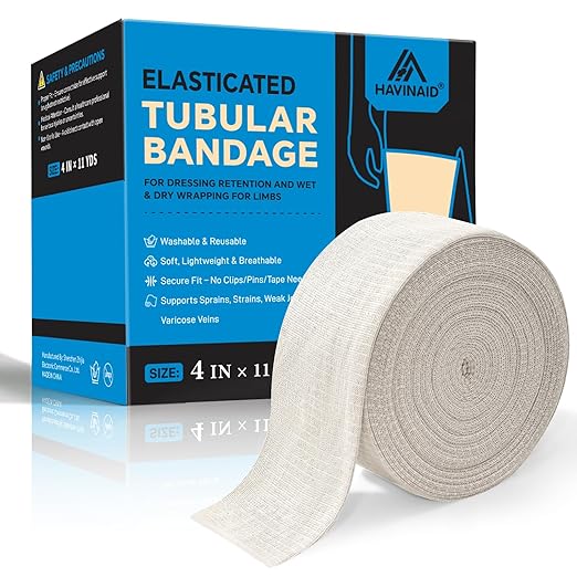 Latex-Free Elasticated Tubular Support Bandage with Stockinette Fabric, Breathable Tubular Compression Sleeve for Joint & Tissue Support on Arms, Knees, Legs (4" x 11 Yards) Size F