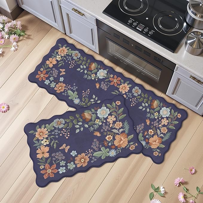 Collive Anti Fatigue Mats for Kitchen Floor, Scalloped Waterproof Kitchen Rugs Sets of 2 Non Skid Floral Desk Rug, Comfort Memory Foam Standing Mat for Office, Sink, Laundry, Blue