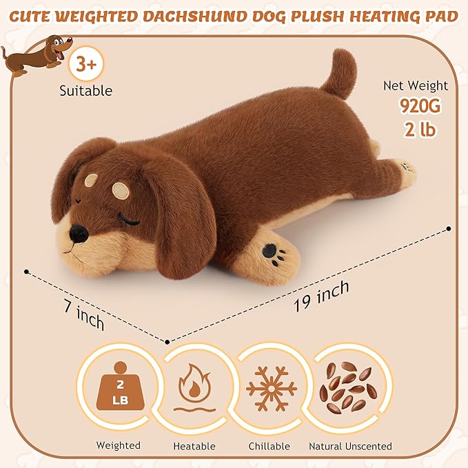2lb Weighted Dachshund Dog Microwavable Heating Pad-16in Weighted Dachshund Dog Heating Pads for Cramps &Period Pain Relief, Heatable & Coolable Stuffed Animals Bedtime Birthday Gift for Women Kids