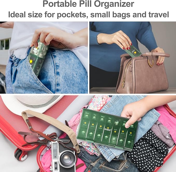 Pill Organizer 3 Times a Day, Daily Pill Box with Morning Noon Night Compartments, Portable Medicine Organizer for Travel, Work & Home (Green)