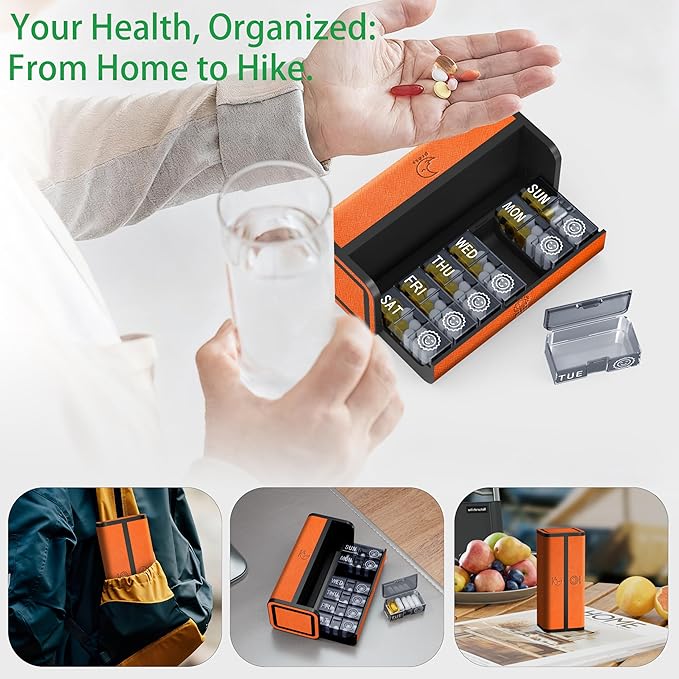 Pill Organizer 7 Day AM PM, Discreet 2 Times a Day Weekly Pill Box with Double Protection Shell, Large Capacity Portable Vitamin Case for Travel Meds & Medicine Organizer (Orange)