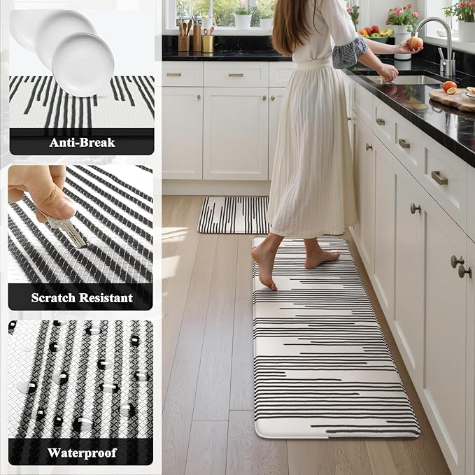 KIMODE Kitchen Mats Cushioned Anti Fatigue, Black Line Geometric Kitchen Rugs Sets of 2, Padded Kitchen Floor Mats Non Slip, Standing Desk Mats for Laundry Office Sink 20"x47"+20"x32"