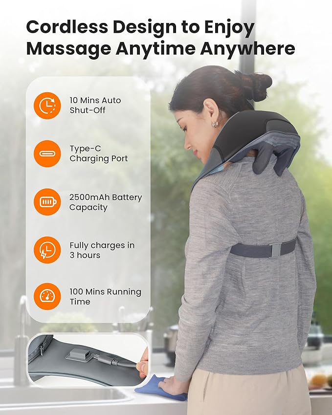 CILI Cordless Massager for Pain Relief Deep Tissue, Shiatsu Neck Back Massager for Pain Relief, 3 Heating Areas & Adjustable Straps, Gifts for Him/Her
