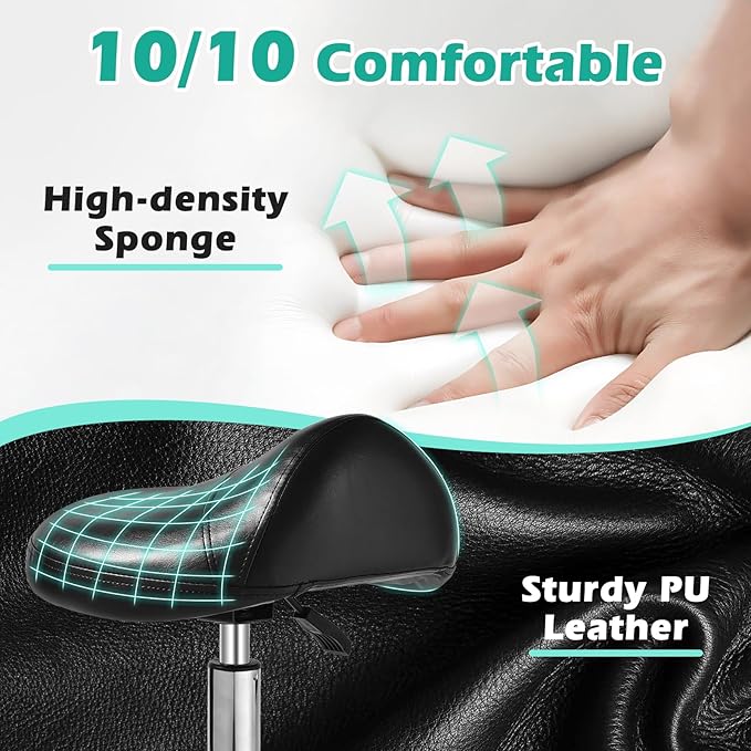 Saddle Stool Chair with Wheels, Ergonomic Thicker Saddle Seat Design for Healthy Sitting Posture, PU Leather, Rolling Saddle Stool with Silent Rubber Wheels Adjustable for Salon Massage Home, Black