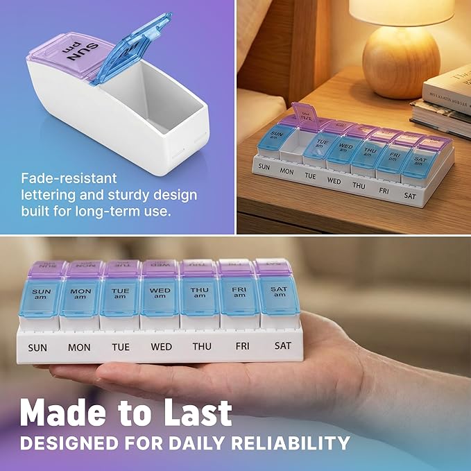 Weekly AM/PM Pill Organizer - 7 Day Medicine Planner with Large Pop-Out Daily Compartments, Easy Open 2-Times-a-Day Pill Case for Travel that Holds Big Size Vitamins & Supplements, Blue and Purple