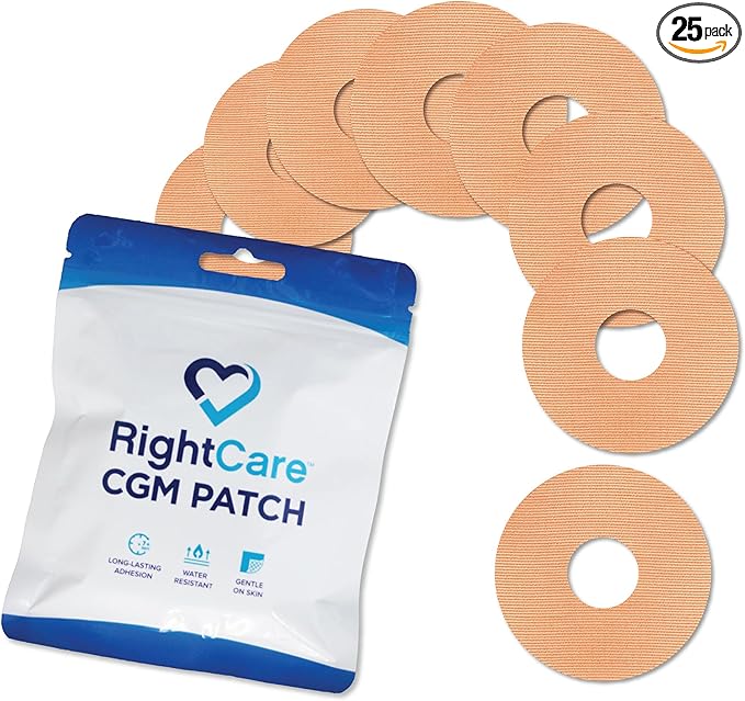 RightCare CGM Adhesive Patches Pre-Cut for Freestyle Libre 2 &3 and Lingo, Waterproof Adhesive Medical Tape, Uncovered Circle Protective Patches, Tan, Bag of 25