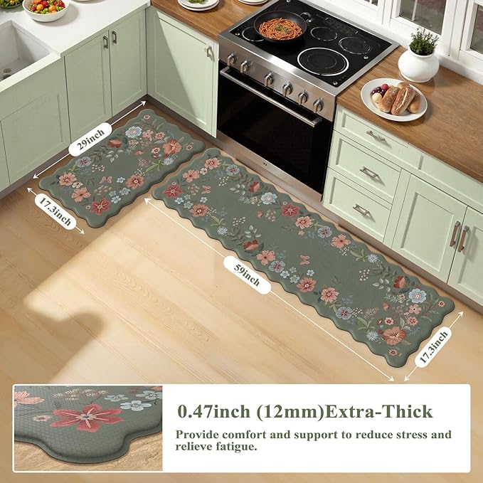 Collive Kitchen Mats for Floor 2 Piece, Green Scalloped Cushioned Anti Fatigue Padded Kitchen Floors Mat, Waterproof Kitchen Sink Rugs Floral Memory Foam Standing Rug for Office, Desk, Home Decor
