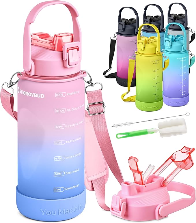 1/2 Gallon Water Bottle with 74.3 oz Capacity - Motivational Time Markers for Daily Hydration Goals - Leakproof BPA Free Tritan with Removable Straw