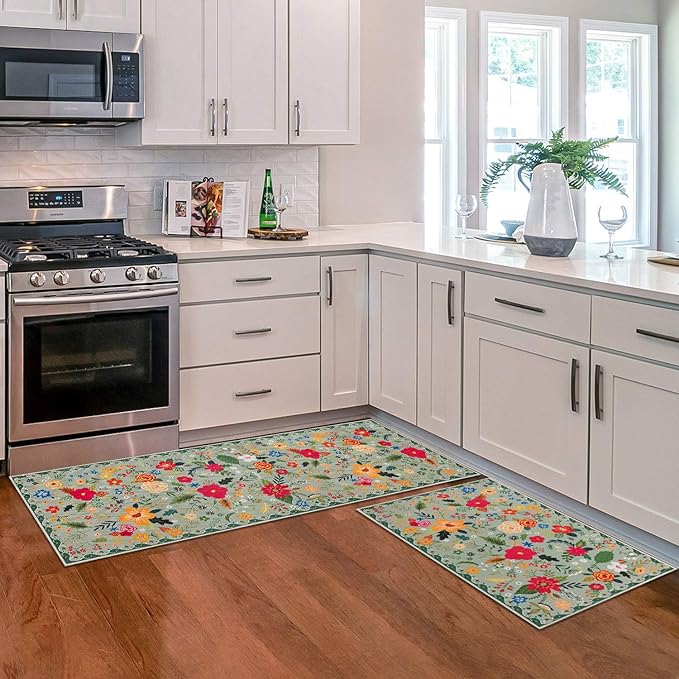 Floral Kitchen Rug Sets of 2, Boho Non Slip Washable Kitchen Mats for Floor, Spring Floral Kitchen Runner Rug for Hallway Laundry Sink 17x30 and 17x47 Inch, Green