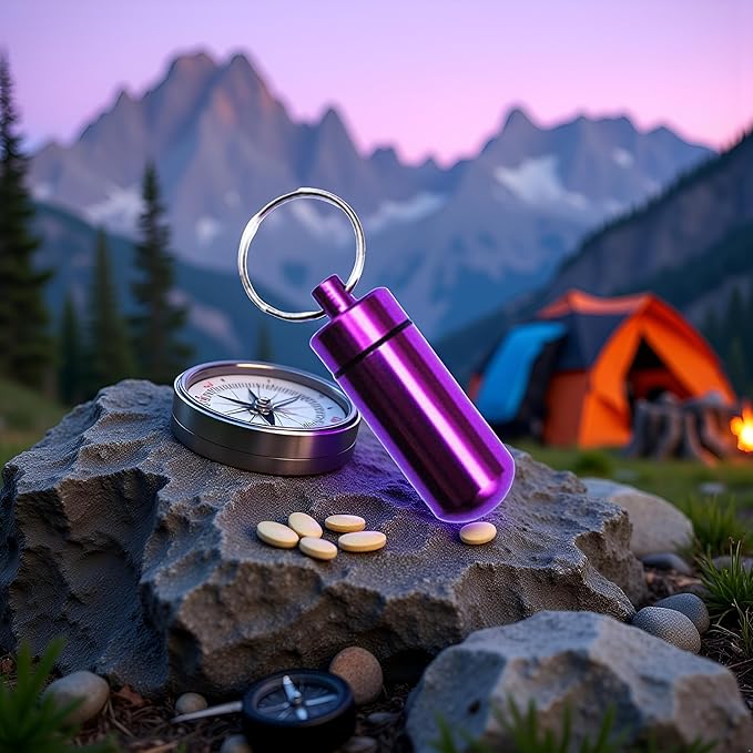 Purple Pill Organizer Mini Pill Box, Metal Pill Box Emergency Medicine Drug Box Tank with Keychain Case Stainless Steel for Outdoor Travel Waterproof Case Outdoor Camping Hiking Traveling Pill Organiz