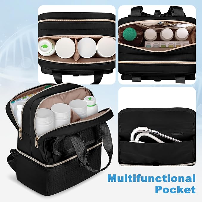 Fasrom Medicine Travel Bag Backpack with Insulated Compartment & Waterproof Mat, Double Layer Pill Bottle Organizer for Prescription, Vitamins and Medical Supplies, Black (Empty Bag Only)