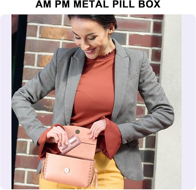 Pill Case Pill Box 2 Times a Day - Metal Portable Pill Container Daily Medicine Pill Holder for Purse, Medicine Organizer for Vitamin/Fish Oil/Supplements, 1 Pack Pill Box Pink